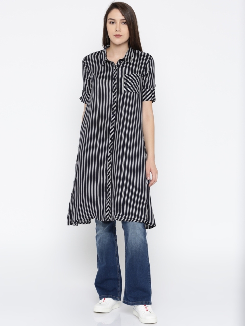 

DressBerry Women Navy Blue Striped Shirt Style Longline Top