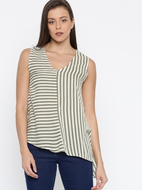

DressBerry Women Cream-Coloured & Black Striped A-Line Top