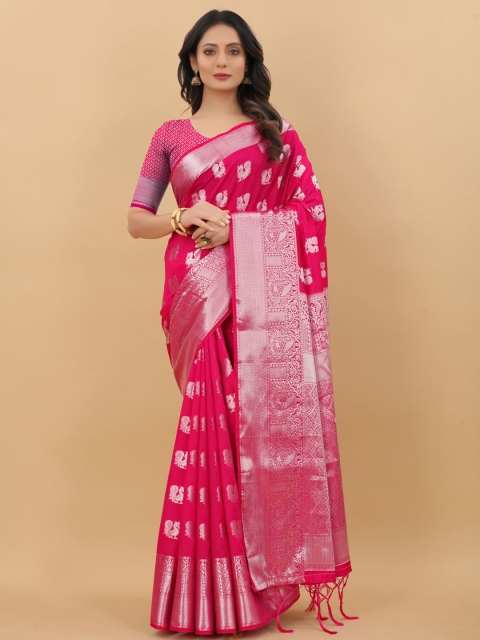 

PRASTHAN Pink & Silver-Toned Woven Design Pure Silk Banarasi Saree