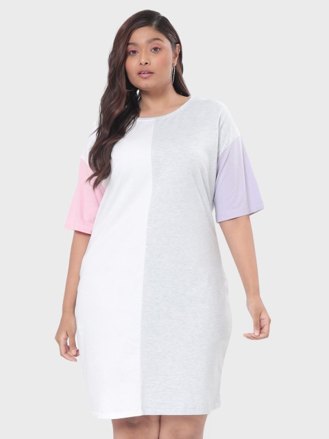 

Bewakoof Plus Plus Size Grey Melange & White Colourblocked Cotton Sheath Dress