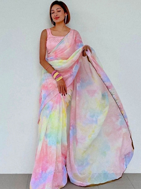

ODETTE Pink & Green Embellished Sequinned Saree