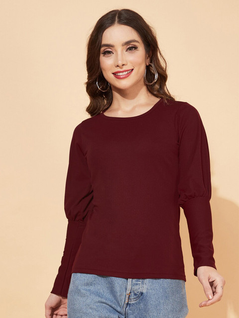 

Selvia Women Maroon Solid Round Neck Puff Sleeves Scuba Top