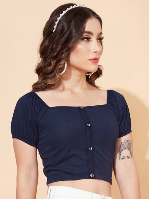 

Selvia Women Navy Blue Solid Puff Sleeves Scuba Crop Top