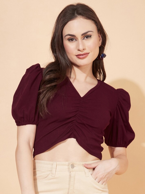 

Selvia Women Maroon Solid Puff Sleeves Scuba V-Neck Crop Top