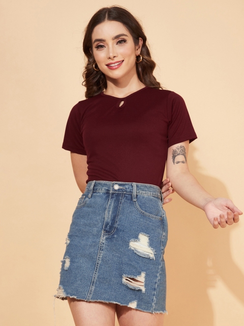 

Selvia Women Maroon Keyhole Neck Scuba Top