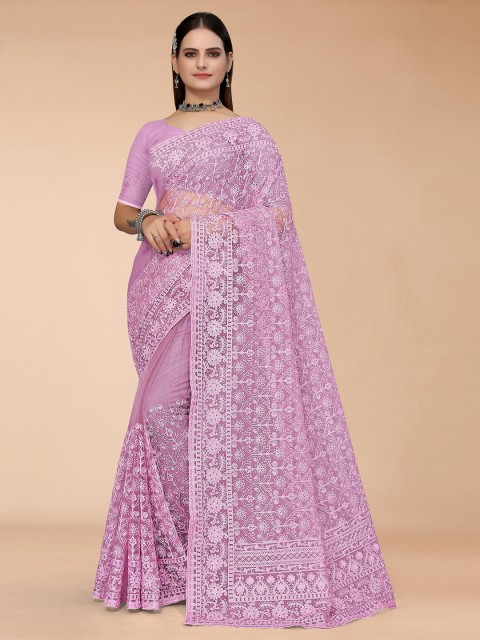 

Mitera Purple Floral Embroidered Net Mangalagiri Saree