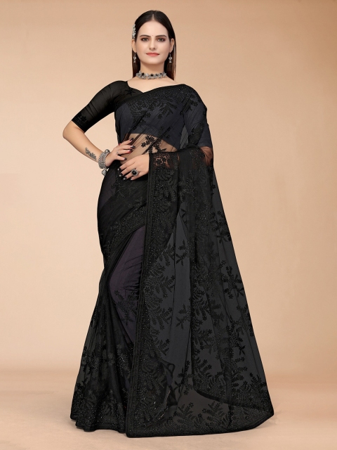 

Mitera Black Kalamkari Embroidered Net Mangalagiri Saree