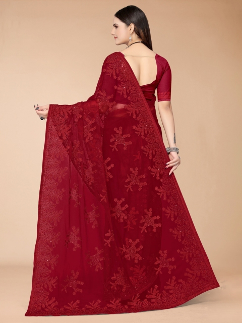 

Mitera Maroon Floral Embroidered Net Mangalagiri Saree
