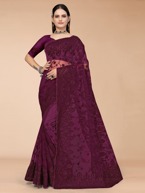

Mitera Burgundy Floral Embroidered Net Mangalagiri Saree