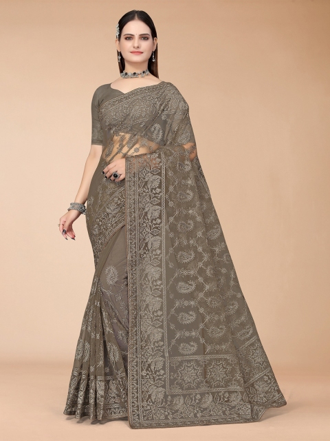 

Mitera Olive Green Ethnic Motifs Embroidered Net Mangalagiri Saree