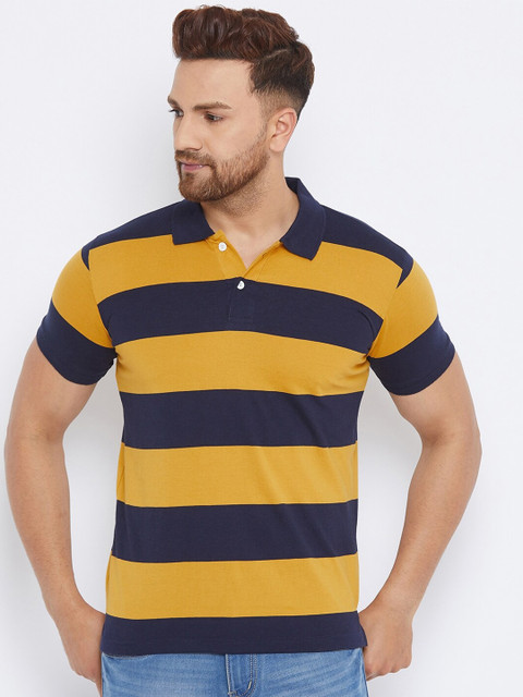 

THE MILLION CLUB Men Navy Blue & Mustard Yellow Striped Polo Collar T-shirt
