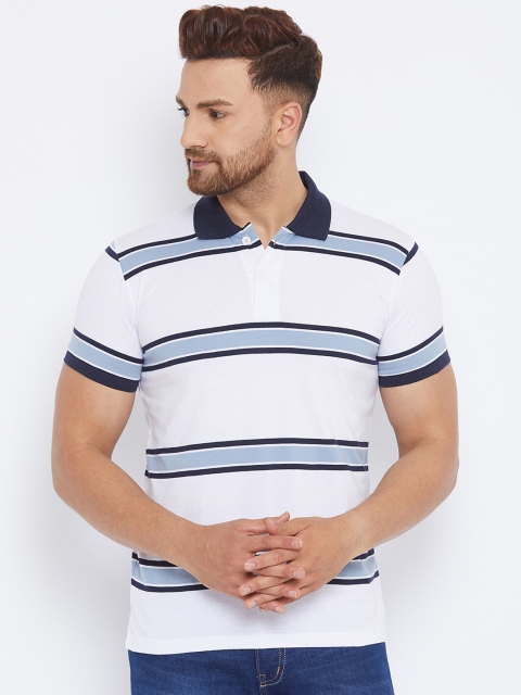 

THE MILLION CLUB Men White & Blue Striped Polo Collar Cotton T-shirt