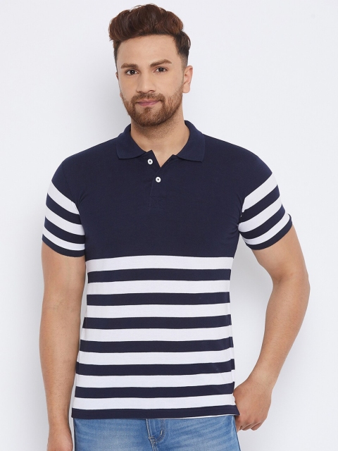 

THE MILLION CLUB Men Navy Blue & White Striped Cotton Polo Collar T-shirt
