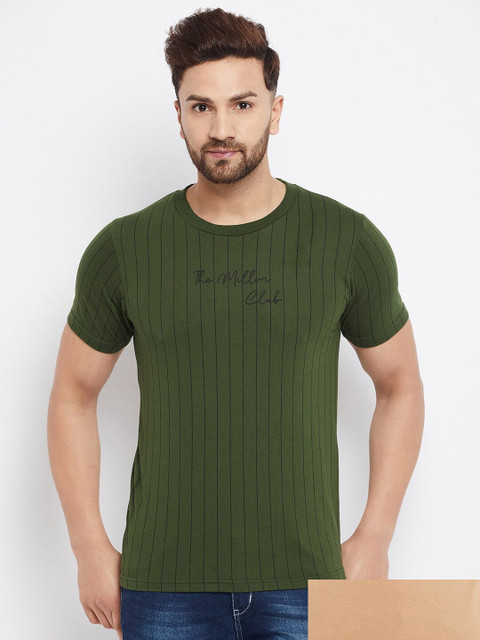 

THE MILLION CLUB Men Pack of 2 Beige & Olive Green Varsity Printed T-shirt
