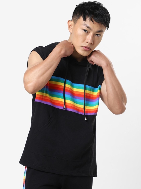 

Bewakoof Men Black Printed Striped Cotton Colourblocked Sleeveless Hooded Sweatshirt