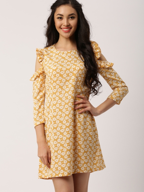 

DressBerry Women Yellow & Off-White Printed A-Line Dress