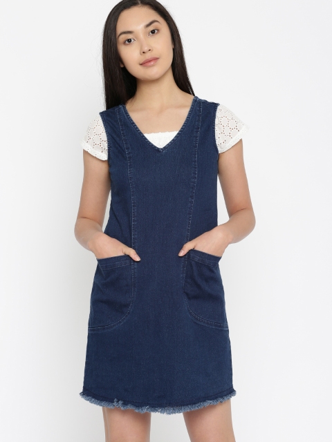 

DressBerry Women Navy Solid A-Line Denim Dress, Navy blue