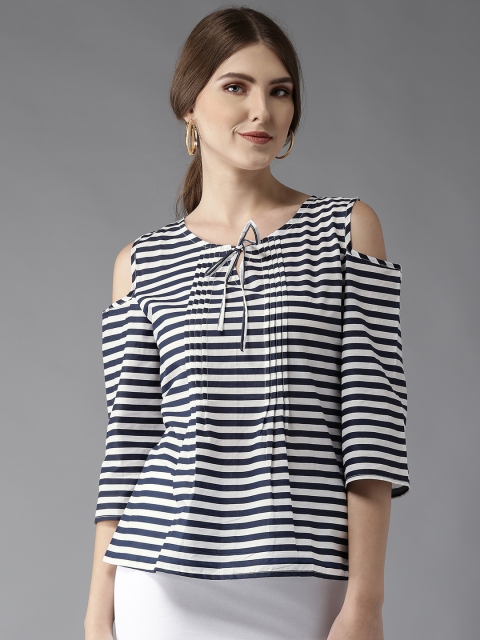 

HERE&NOW Women Navy & White Striped Top, Navy blue
