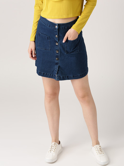 

DressBerry Navy Denim A-Line Skirt, Navy blue