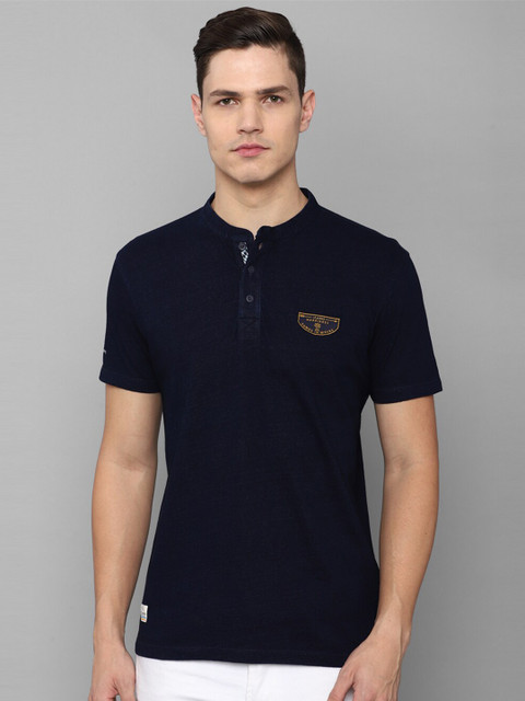 

Louis Philippe Jeans Men Navy Blue Mandarin Collar Applique Pure Cotton Slim Fit T-shirt