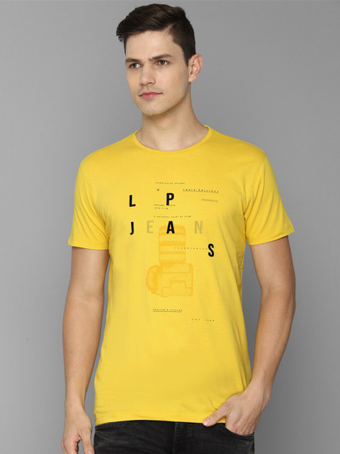 

Louis Philippe Jeans Men Yellow Typography Printed Pure Cotton Slim Fit T-shirt