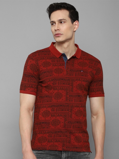 

Louis Philippe Jeans Men Maroon Tribal Printed Polo Collar Pure Cotton Slim Fit T-shirt