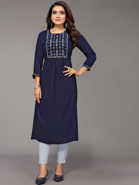 

Nimayaa Women Navy Blue Yoke Design Straight Kurta