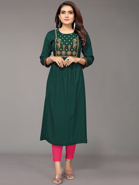 Nimayaa Women Floral Embroidered Straight Kurta, Green