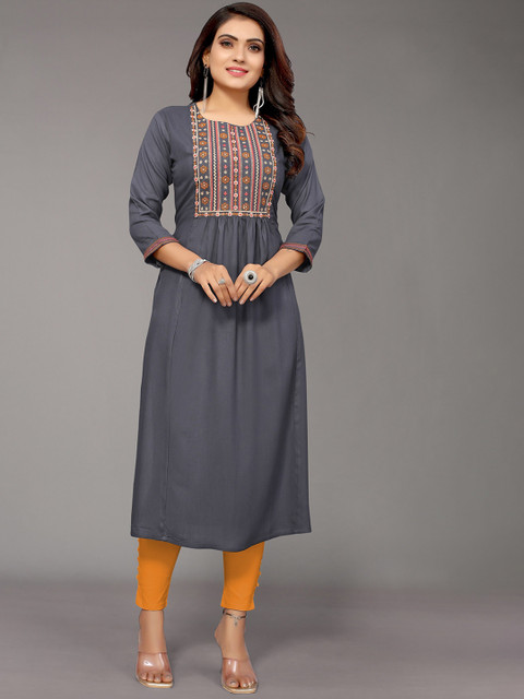 

Nimayaa Women Grey & Yellow Yoke Design Thread Work Kurta