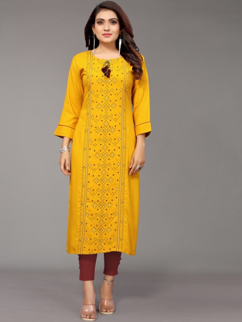

Nimayaa Women Mustard Yellow Geometric Embriodered Kurta