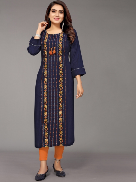 

Nimayaa Women Floral Embroidered Kurta, Navy blue