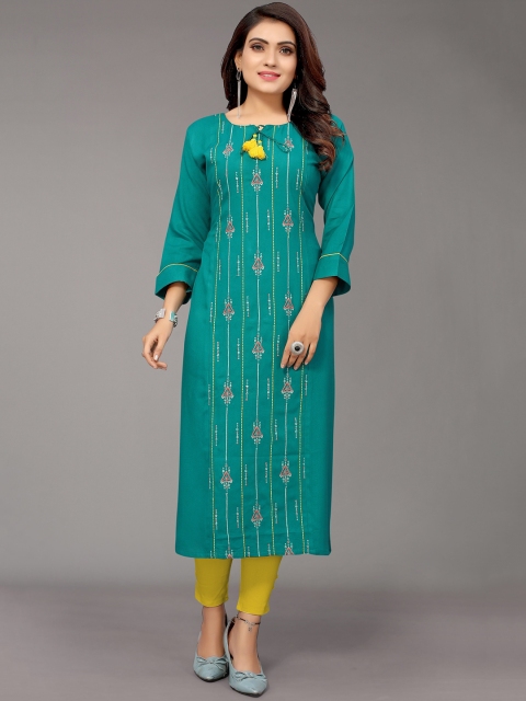 

Nimayaa Women Teal & Red Geometric Embroidered Thread Work Kurta