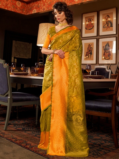 

Mitera Mustard & Gold-Toned Ethnic Motifs Zari Silk Blend Kanjeevaram Saree