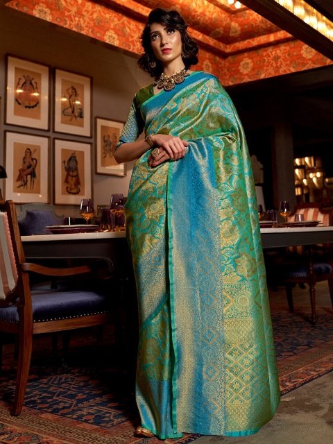 

Mitera Sea Green & Gold-Toned Floral Zari Silk Blend Kanjeevaram Saree