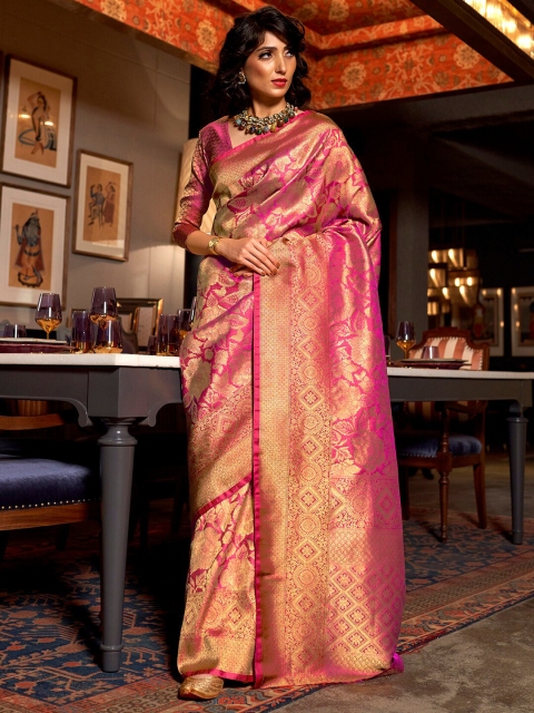 

Mitera Pink & Gold-Toned Woven Design Zari Silk Blend Kanjeevaram Saree