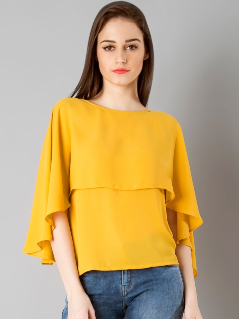 

FabAlley Women Mustard Yellow Solid Cape Top