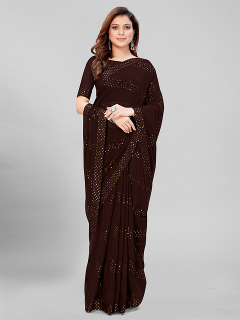 

Pratham Blue Brown & Gold-Toned Embellished Sequinned Pure Georgette Saree