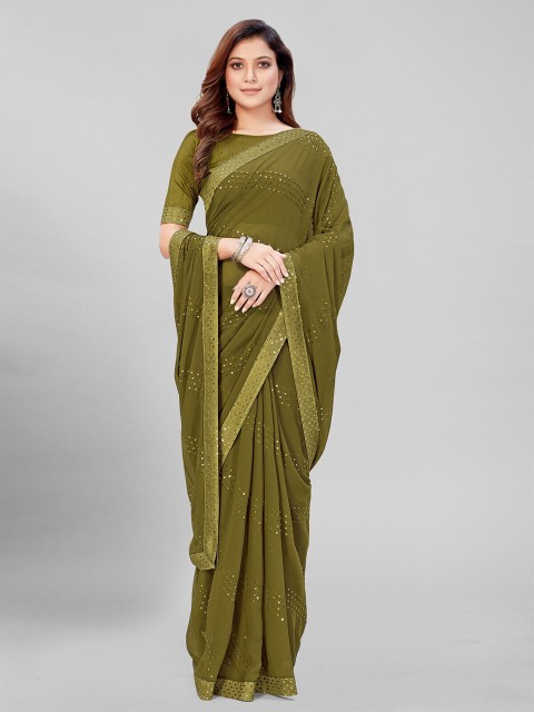 

Pratham Blue Olive Green Embellished Sequinned Pure Georgette Saree