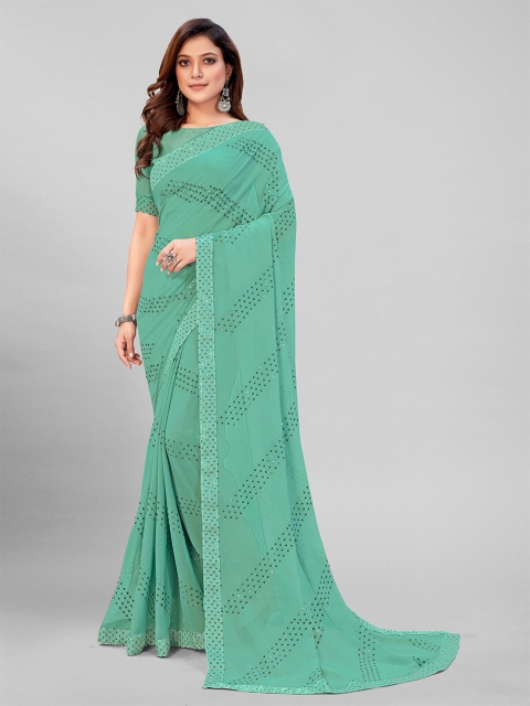 

Pratham Blue Sea Green Embellished Sequinned Pure Georgette Saree