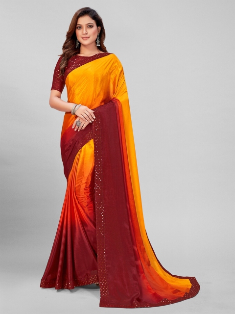 

Pratham Blue Orange & Red Ombre Sequinned Silk Blend Saree