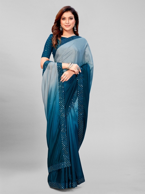 

Pratham Blue & Tea Bluel Ombre Sequinned Silk Blend Saree