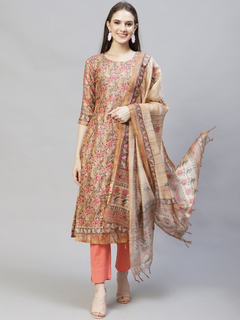 

FASHOR Women Floral Printed Kantha Work Chanderi Silk Kurta with Trousers & With Dupatta, Mustard