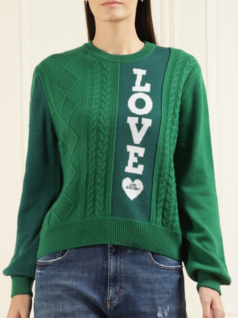 

LOVE MOSCHINO Women Green & Off White Typography Printed Pullover