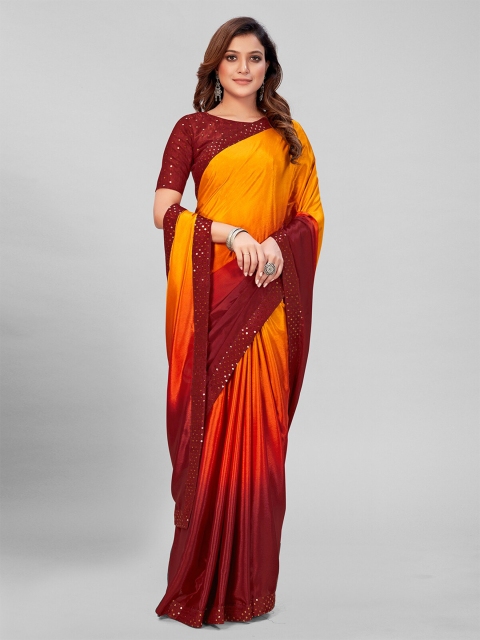 

Granthva Fab Orange & Red Ombre Sequinned Silk Blend Saree