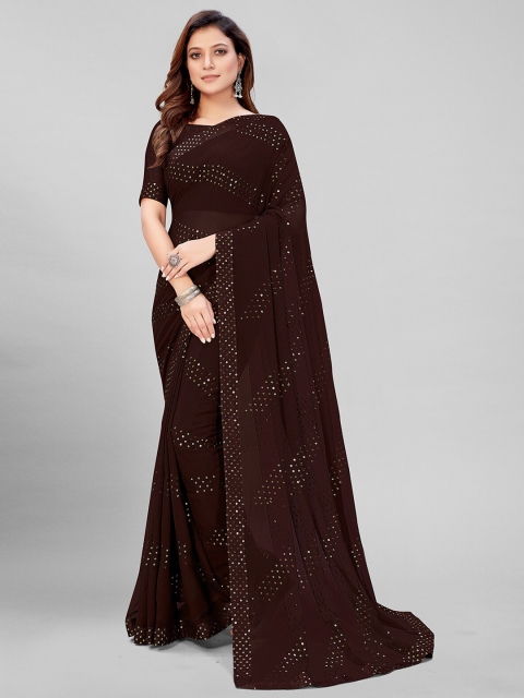 

Granthva Fab Brown & Gold-Toned Embellished Sequinned Pure Georgette Saree