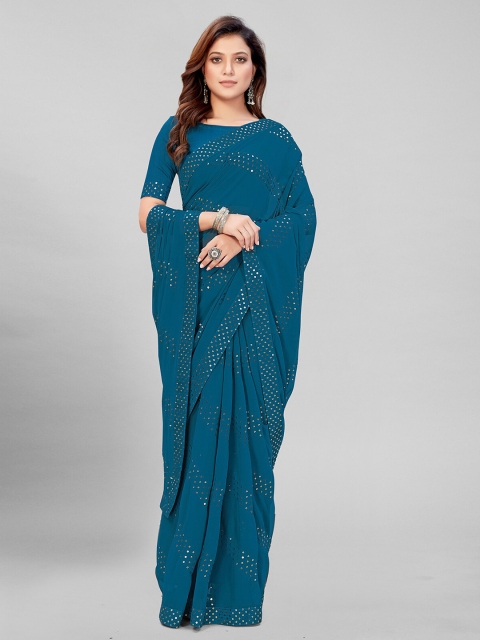 

Granthva Fab Teal Embellished Sequinned Pure Georgette Saree