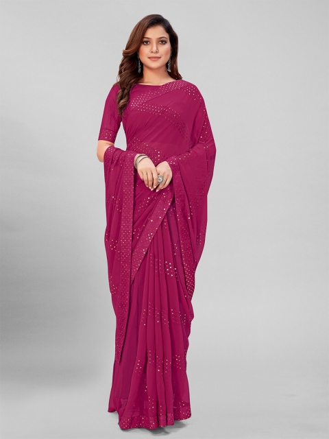 

Granthva Fab Pink & Gold-Toned Embellished Sequinned Pure Georgette Saree