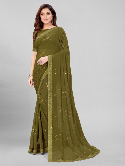 

Granthva Fab Olive Green & Gold-Toned Embellished Sequinned Pure Georgette Saree