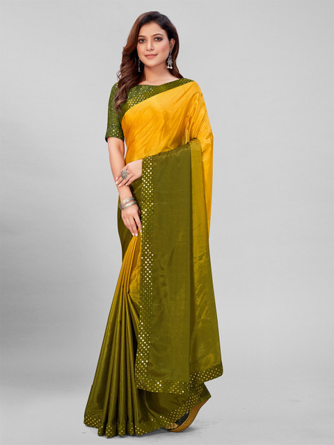 

Granthva Fab Yellow & Green Ombre Sequinned Silk Blend Saree