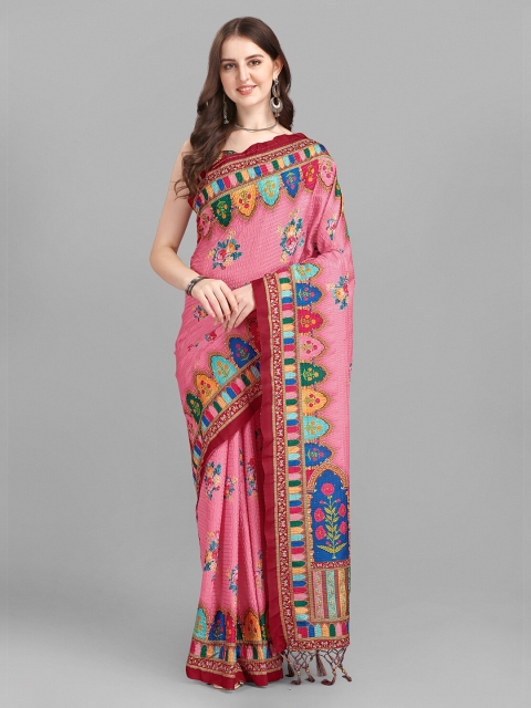 

Ethnic Yard Pink & Blue Printed Woven Design Art Silk Saree